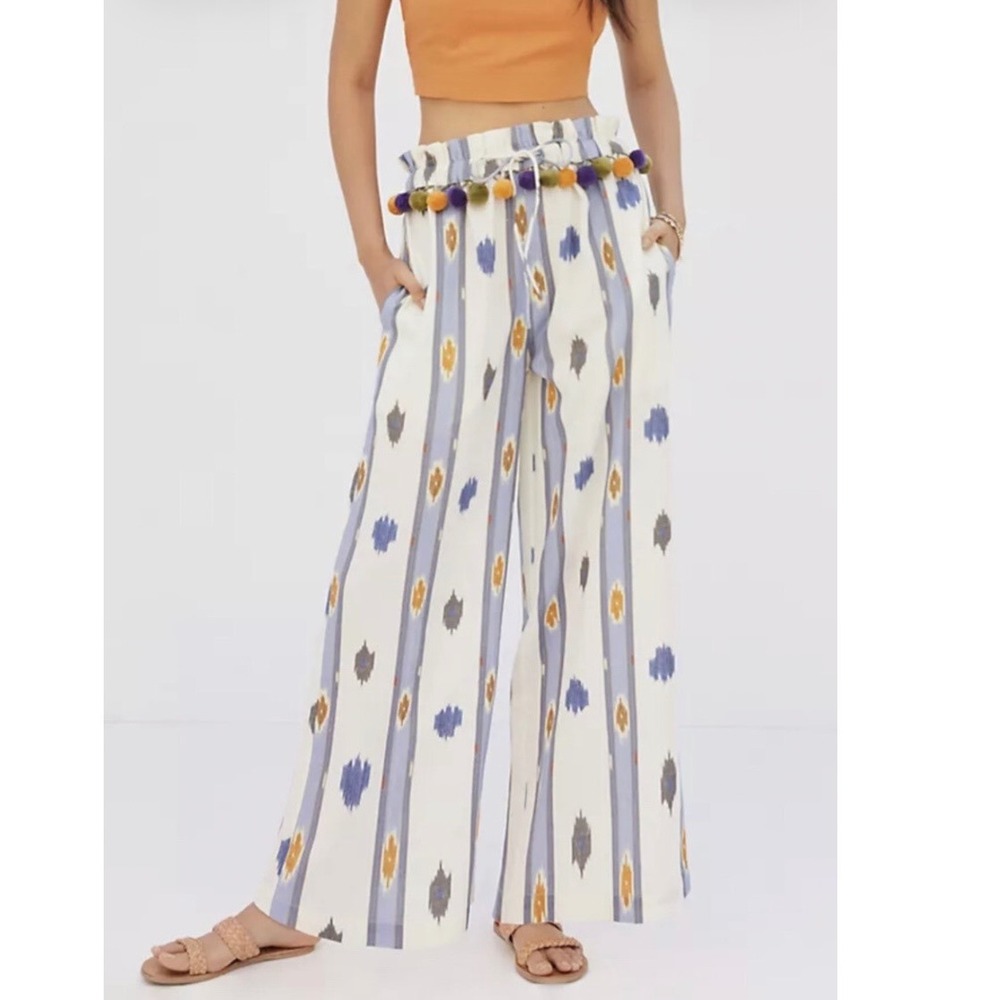 Anthropologie Ollari Pom Pom Wide Leg Bohemian Boho Trouser Pants S P
